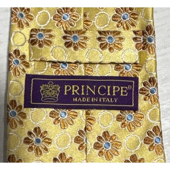 Principe Tie Mens 100% Silk Floral Patterned Pale Yellow Brown Blue Italy - Picture 5 of 7